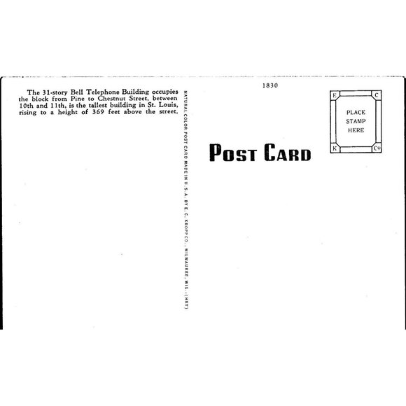 Postcard, Vintage, St Louis, Mo, Bell Telephone Building,1926, 31 stories - Picture 2 of 2